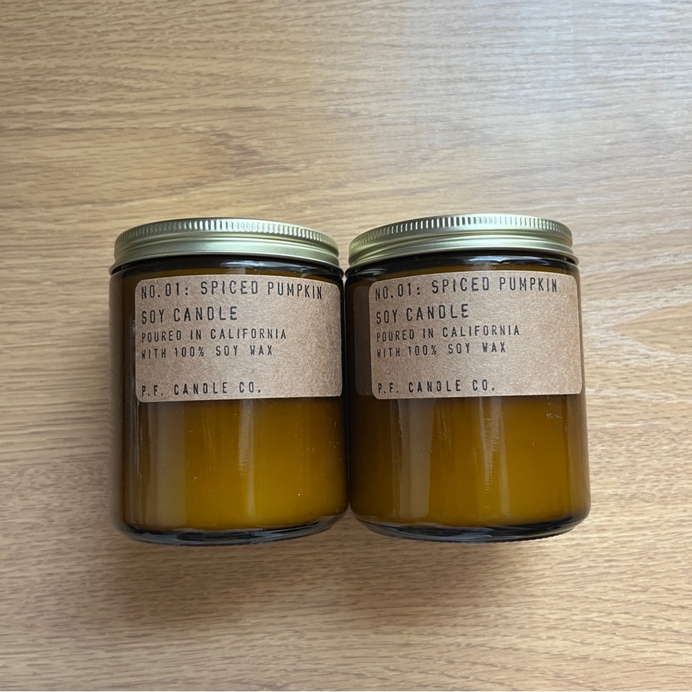 TWO NEW 100% Soy Wax Candles P.F. Candle Co.  No.01 SPICED PUMPKIN Glass Jar